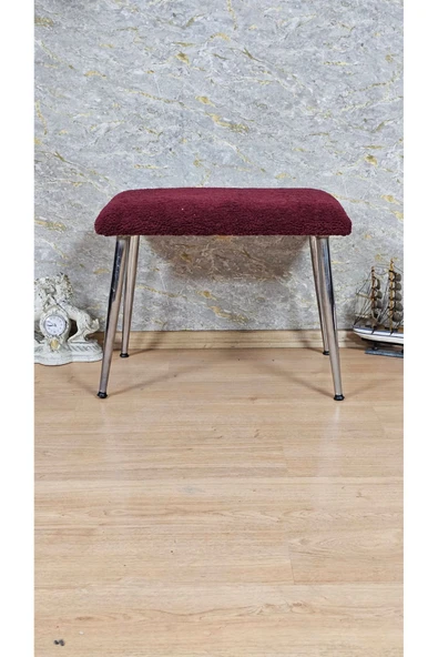Krom Kaplama Sivriltme Ayaklı 60cm x 40cm Tedy Kumaşlı Bordo Döşeme Oturak, Bench, Oturak, Puf