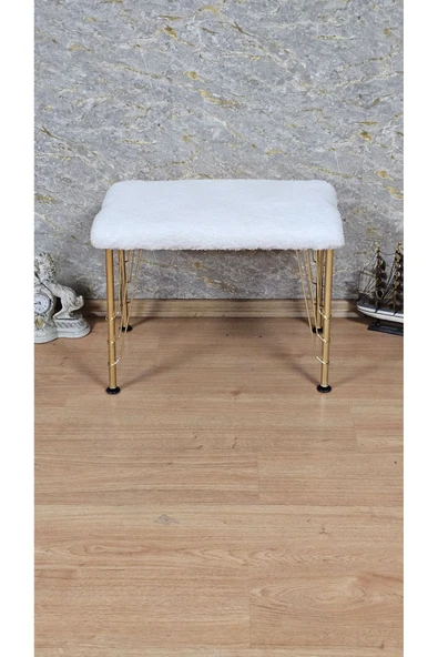 Gold Tel Ayaklı 60cm x 40cm Tedy Kumaşlı  Krem  Döşeme Oturak, Bench, Oturak, Puf - 2