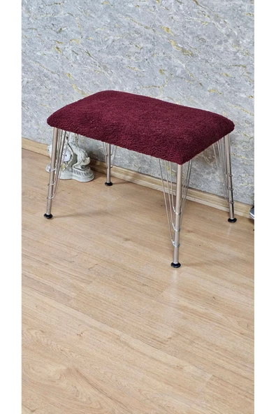 Krom Tel Ayaklı 60cm x 40cm Tedy Kumaşlı  Bordo Döşeme Oturak, Bench, Oturak, Puf - 4