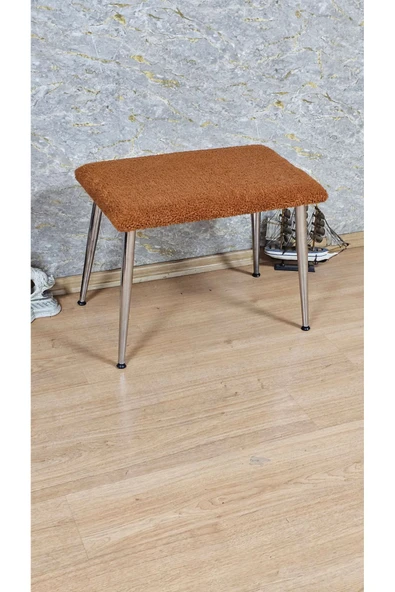 Krom Kaplama Sivriltme Ayaklı 60cm x 40cm Tedy Kumaşlı Turuncu Döşeme Oturak, Bench, Oturak, Puf - 3