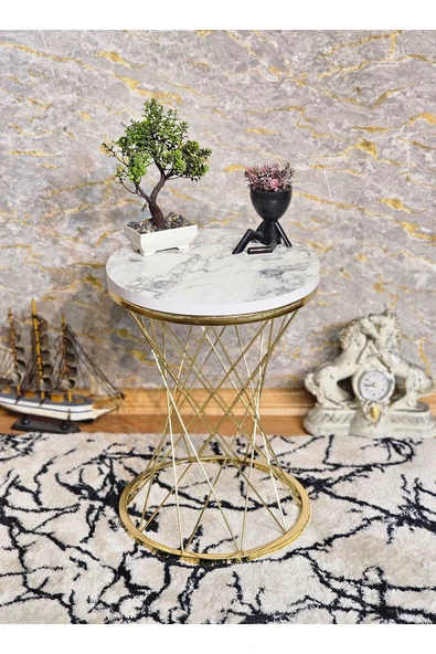 Gold Kaplama Pota 34 cm Suntalem Tablalı  Sehpa -  Beyaz Mermer Suntalem Sehpa - Ahşap Sehpa - Zigon Sehpa - 3