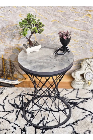 Siyah Boyalı Pota 34 cm Suntalem Tablalı  Sehpa -  Marmol Suntalem Sehpa - Ahşap Sehpa - Zigon Sehpa