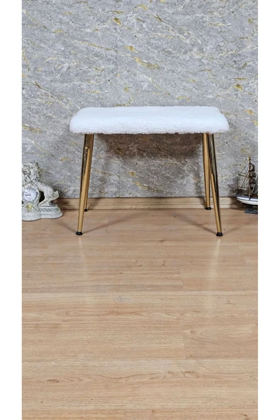 Gold Kaplama Sivriltme Ayaklı 60cm x 40cm Tedy Kumaşlı Krem Döşeme Oturak, Bench, Oturak, Puf