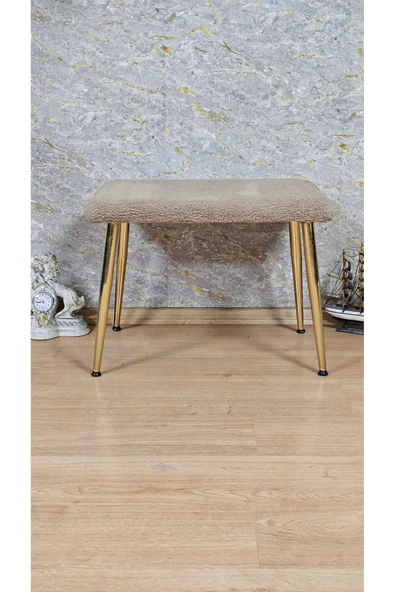 Gold Kaplama Sivriltme Ayaklı 60cm x 40cm Tedy Kumaşlı Kapiçino Döşeme Oturak, Bench, Oturak, Puf