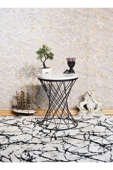 Siyah Boyalı Pota 34 cm Suntalem Tablalı Sehpa - Beyaz Mermer Suntalem Sehpa - Ahşap Sehpa - Zigon Sehpa - 5