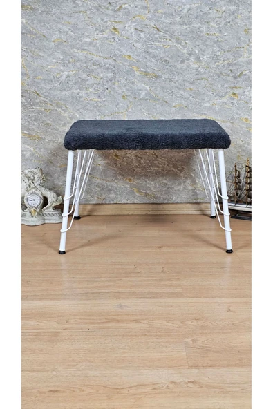 Beyaz Boyalı  Tel Ayaklı 60cm x 40cm Tedy Kumaşlı  Füme Döşeme Oturak, Bench, Oturak, Puf