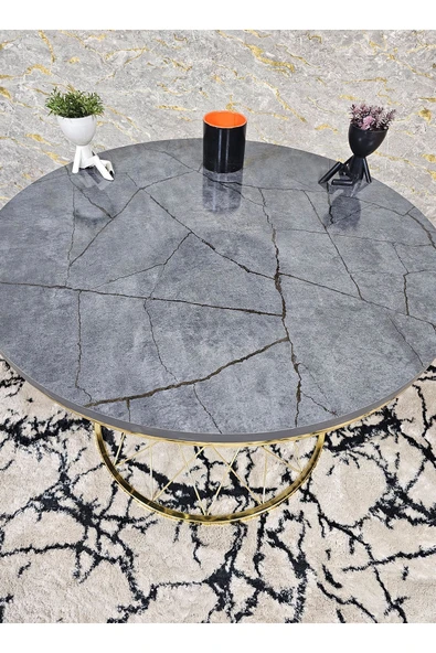 Gold Kaplama Aris Gri Suntalem Tabla Pota Orta Sehpa - Gold Sehpa - Orta Sehpa - Yan Sehpa - Sehpa GRİ ÜZERİ GOLD DAMAR Renk Tek Ebat Beden - 2