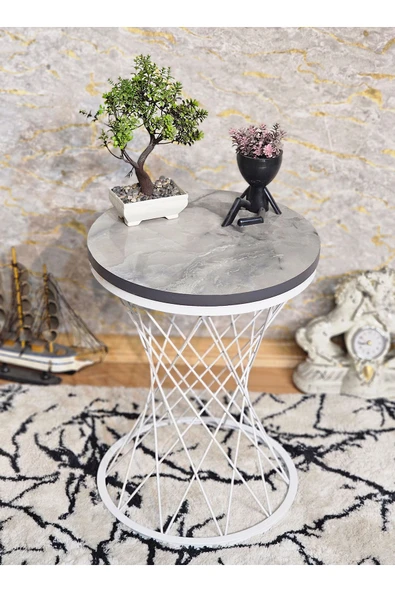 Beyaz Boyalı Pota 34 cm Suntalem Tablalı Sehpa - Marmol Suntalem Sehpa - Ahşap Sehpa - Zigon Sehpa