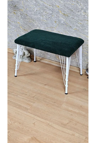 Beyaz Boyalı  Tel Ayaklı 60cm x 40cm Tedy Kumaşlı  Yeşil Döşeme Oturak, Bench, Oturak, Puf - 4