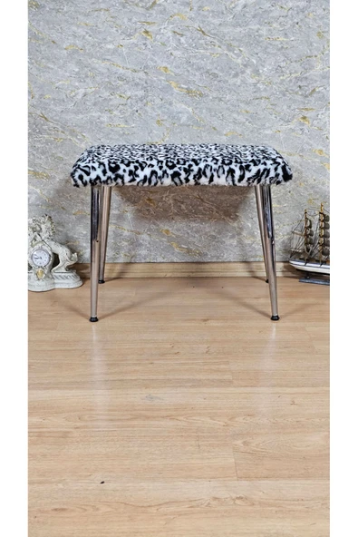 Krom Kaplama Sivriltme Ayaklı 60cm x 40cm Tedy Kumaşlı Zebra Döşeme Oturak, Bench, Oturak, Puf