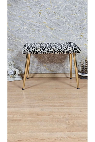 Gold Kaplama Sivriltme Ayaklı 60cm x 40cm Tedy Kumaşlı Leopar Döşeme Oturak, Bench, Oturak, Puf