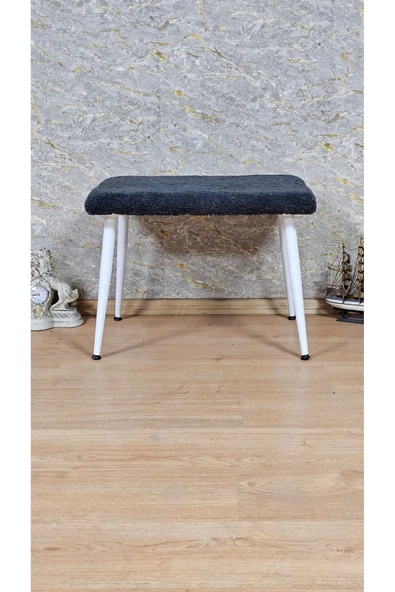 Beyaz Boyalı Sivriltme Ayaklı 60cm x 40cm Tedy Kumaşlı Füme Döşeme Oturak, Bench, Oturak, Puf