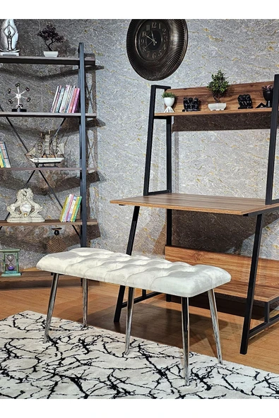 100'lük Benc – Krom Kaplama Sivriltme Ayaklı Krem Döşemeli Oturak, Bench, Oturak, Makyaj Pufu