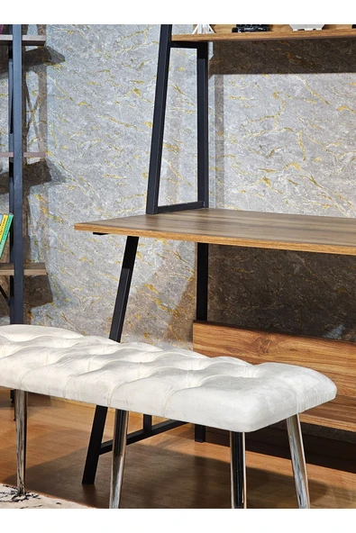 100'lük Benc – Krom Kaplama Sivriltme Ayaklı Krem Döşemeli Oturak, Bench, Oturak, Makyaj Pufu - 4