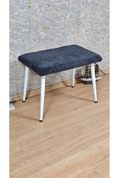 Beyaz Boyalı Sivriltme Ayaklı 60cm x 40cm Tedy Kumaşlı Füme Döşeme Oturak, Bench, Oturak, Puf - 4