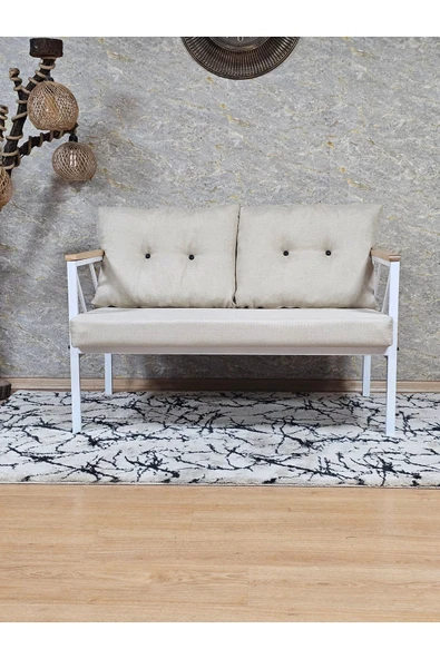 İkili Beyaz Boyalı Bahçe Krem Döşeme - Balkon - Mutfak Çay Seti Takımı Bahçe Koltuk Takımı