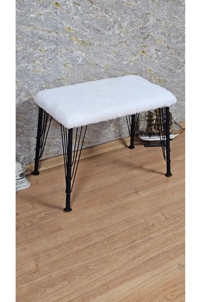 Siyah Boyalı Tel Ayaklı 60cm x 40cm Tedy Kumaşlı Krem Döşeme Oturak, Bench, Oturak, Puf - 3