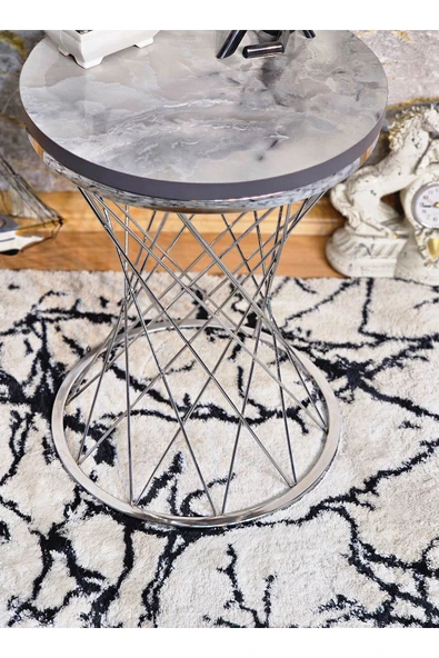 Krom Kaplama Pota 34 cm Suntalem Tablalı Sehpa - Marmol Suntalem Sehpa - Ahşap Sehpa - Zigon Sehpa - 3