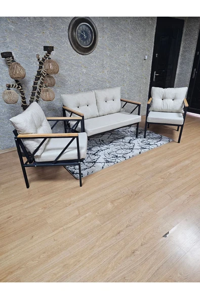 Siyah Boyalı Bahçe Krem Döşeme - Balkon - Mutfak Çay Seti Takımı Bahçe Koltuk Takımı - 4