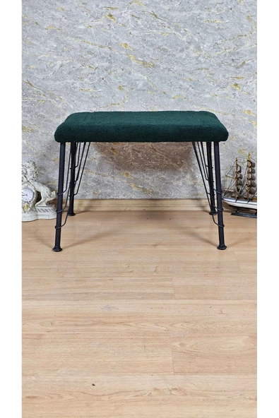 Siyah Boyalı Tel Ayaklı 60cm x 40cm Tedy Kumaşlı Yeşil Döşeme Oturak, Bench, Oturak, Puf