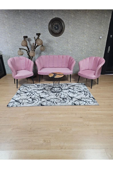 Siyah Boyalı Sivriltme Ayak Pembe Döşeme Papatya Çay Seti Koltuk Takımı , Balkon, Salon, Ofis, Cafe Koltuk Takımı - 3