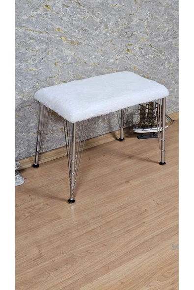 Krom Tel Ayaklı 60cm x 40cm Tedy Kumaşlı  Krem Döşeme Oturak, Bench, Oturak, Puf - 3