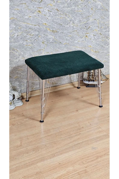 Krom Tel Ayaklı 60cm x 40cm Tedy Kumaşlı  Yeşil Döşeme Oturak, Bench, Oturak, Puf - 3