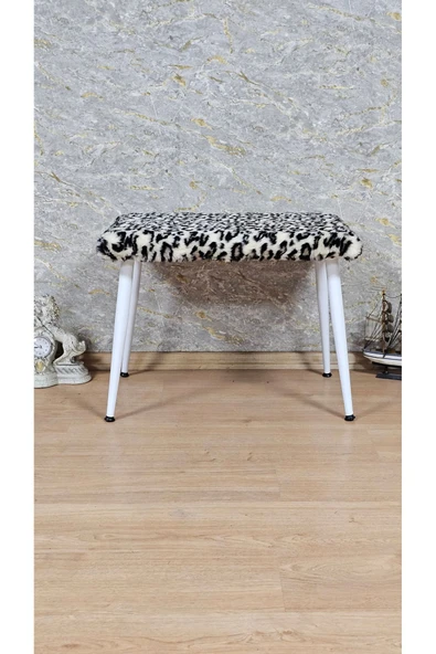 Beyaz Boyalı Sivriltme Ayaklı 60cm x 40cm Tedy Kumaşlı Leopar Döşeme Oturak, Bench, Oturak, Puf