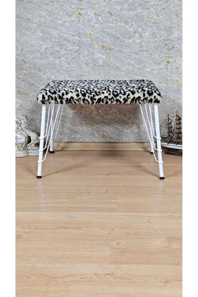 Beyaz Boyalı Tel Ayaklı 60cm x 40cm Tedy Kumaşlı  Leopar Döşeme Oturak, Bench, Oturak, Puf