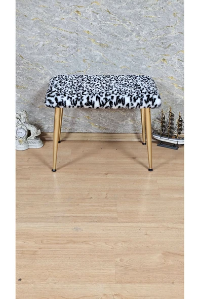 Gold Kaplama Sivriltme Ayaklı 60cm x 40cm Tedy Kumaşlı Zebra Döşeme Oturak, Bench, Oturak, Puf - 2