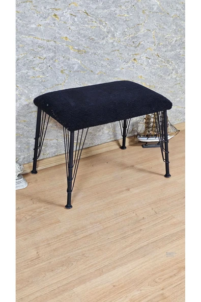 Siyah Boyalı Tel Ayaklı 60cm x 40cm Tedy Kumaşlı Siyah Döşeme Oturak, Bench, Oturak, Puf - 3