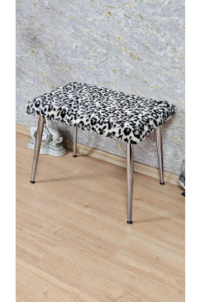 Krom Kaplama Sivriltme Ayaklı 60cm x 40cm Tedy Kumaşlı Leopar Döşeme Oturak, Bench, Oturak, Puf - 4