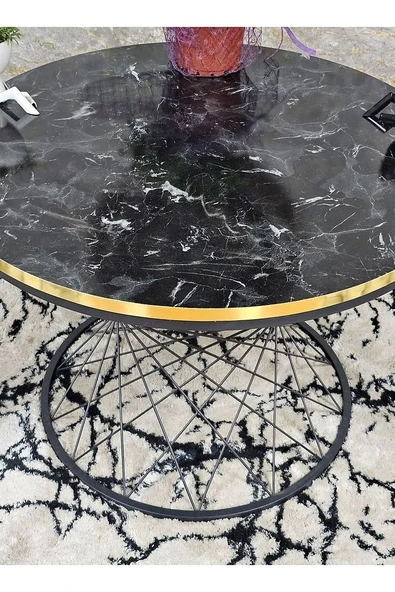 Siyah Fırınlı Statik Boya Siyah Mermer Gold Cumba Suntalem Tabla Pota Orta Sehpa - Siyah Orta Sehpa - 2
