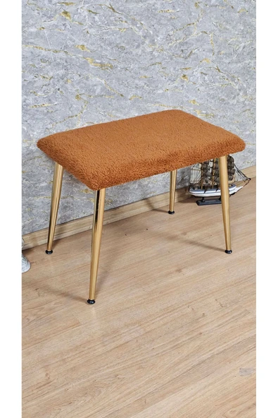 Gold Kaplama Sivriltme Ayaklı 60cm x 40cm Tedy Kumaşlı Turuncu Döşeme Oturak, Bench, Oturak, Puf - 3