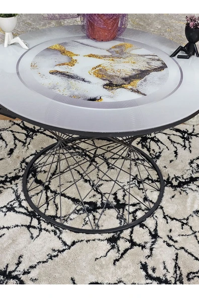Siyah Boyalı Cam Pota Orta Sehpa Gri Mermer Desenli Temperli Baskılı Cam - Sehpa - Orta Sehpa - Yan Sehpa - 2