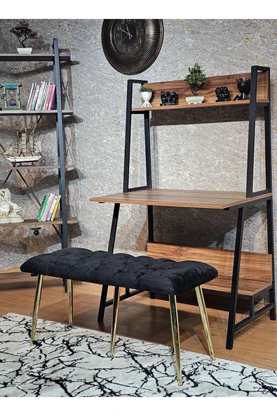 100'lük Benc – Gold Kaplama Sivriltme Ayaklı Siyah Döşemeli Oturak, Bench, Oturak, Makyaj Pufu