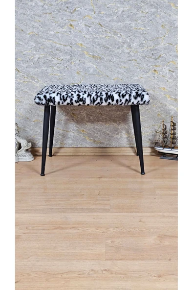 Siyah Boyalı Sivriltme Ayaklı 60cm x 40cm Tedy Kumaşlı Zebra Döşeme Oturak, Bench, Oturak, Puf