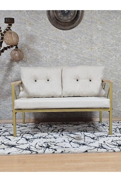 İkili Gold Boyalı Bahçe Krem Döşeme - Balkon - Mutfak Çay Seti Takımı Bahçe Koltuk Takımı