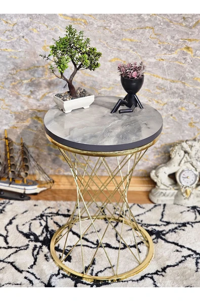 Gold Kaplama Pota 34 cm Suntalem Tablalı Sehpa - Marmol Suntalem Sehpa - Ahşap Sehpa - Zigon Sehpa