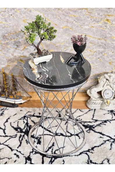 Krom Kaplama Pota 34 cm Suntalem Tablalı Sehpa - Luanda Suntalem Sehpa - Ahşap Sehpa - Zigon Sehpa