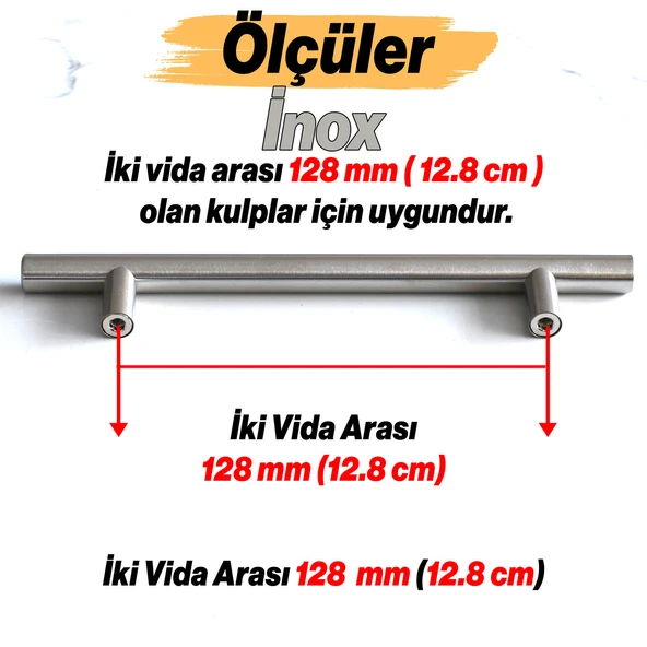İnox Metal Mobilya Mutfak Çekmece Dolap Dolabı Kapak Kulbu Kulpu Kulpları (128 mm - 12.8 cm) - Resim 2