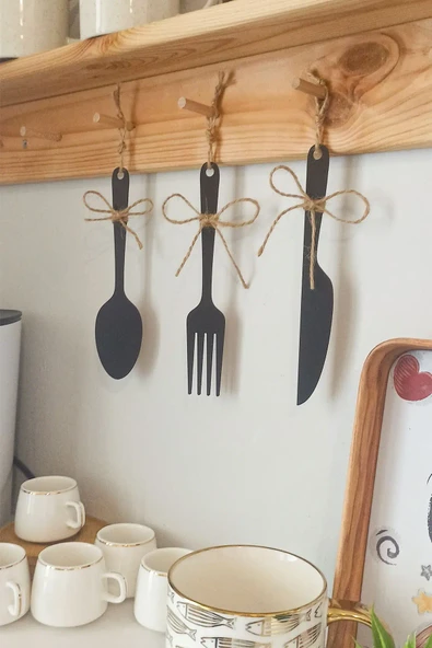 3 Parça Dekoratif Ahşap Çatal-Kaşık-Bıçak Seti Mutfak, Kahve Köşesi, Raf, Askı Süsü, Dolap,(19 cm) - 2