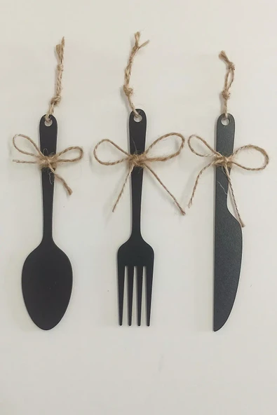 3 Parça Dekoratif Ahşap Çatal-Kaşık-Bıçak Seti Mutfak, Kahve Köşesi, Raf, Askı Süsü, Dolap,(19 cm) - 3