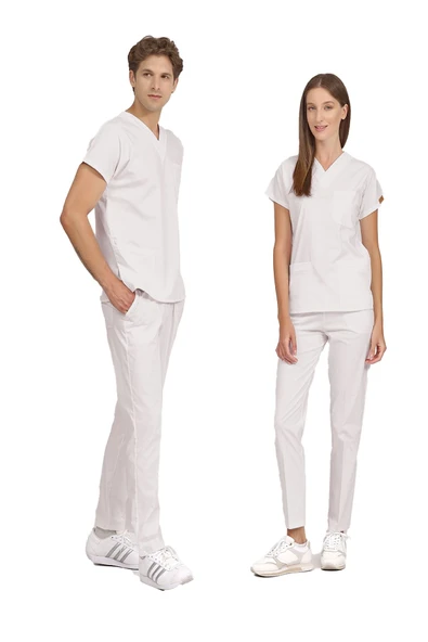 Brl Üniforma  SCRUBLE FLEX Likralı Doktor Ve Hemşire Forması Unisex Cerrahi Takım Kırık Beyaz