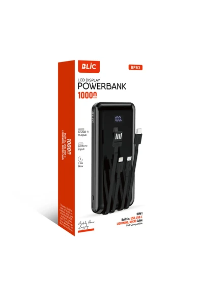 Blic LCD Göstergeli 3in1 USB-C Lıghtnıng ve Mikro Kablolu 10.000 mah Powerbank BPB3