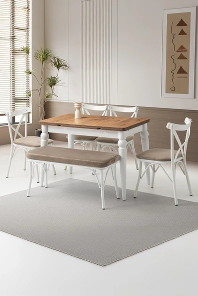 Yanlardan Açılır Yakamoz Dişbudak Masa Topkapı Ayak 4 Ad Çapraz Sandalye 1 Ad Çapraz Bench Sandalye