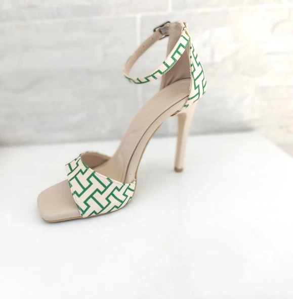 Kadın İnce Topuklu Abiye Ayakkabı Yeni Sezon İnce Bantlı 10 cm Siyah Yeşil - 6