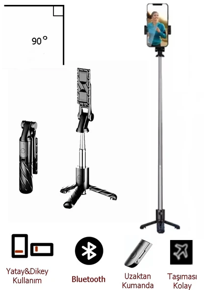 K03 Tripod Bluetooth Kumandalı Selfie Çubuğu Monopod Video ve Fotoğraf Çekim Tripodu