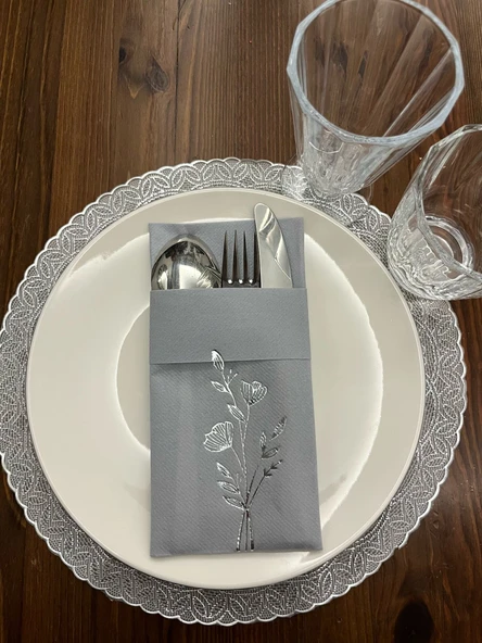 Gümüş Yaldızlı Kumaş Dokulu Air Laid Kanguru Gelincik Çiçeği Gri Cepli Peçete 6 lı ürün görseli 1