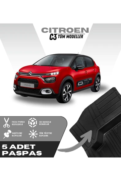 Citroen C3 Tüm Modeller 5'li Paspas Seti Yüksek Kalite Kesilebilir Universal Oto Paspas